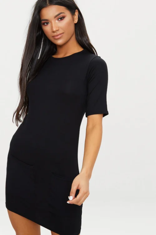 Solid Black Woven Boxy T-Shirt Dress